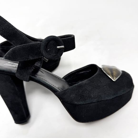 [Sonia Rykiel] Black Gold Lips Suede Leather Open Toe Platform Heels Sz 38 US 8 - Picture 10 of 12